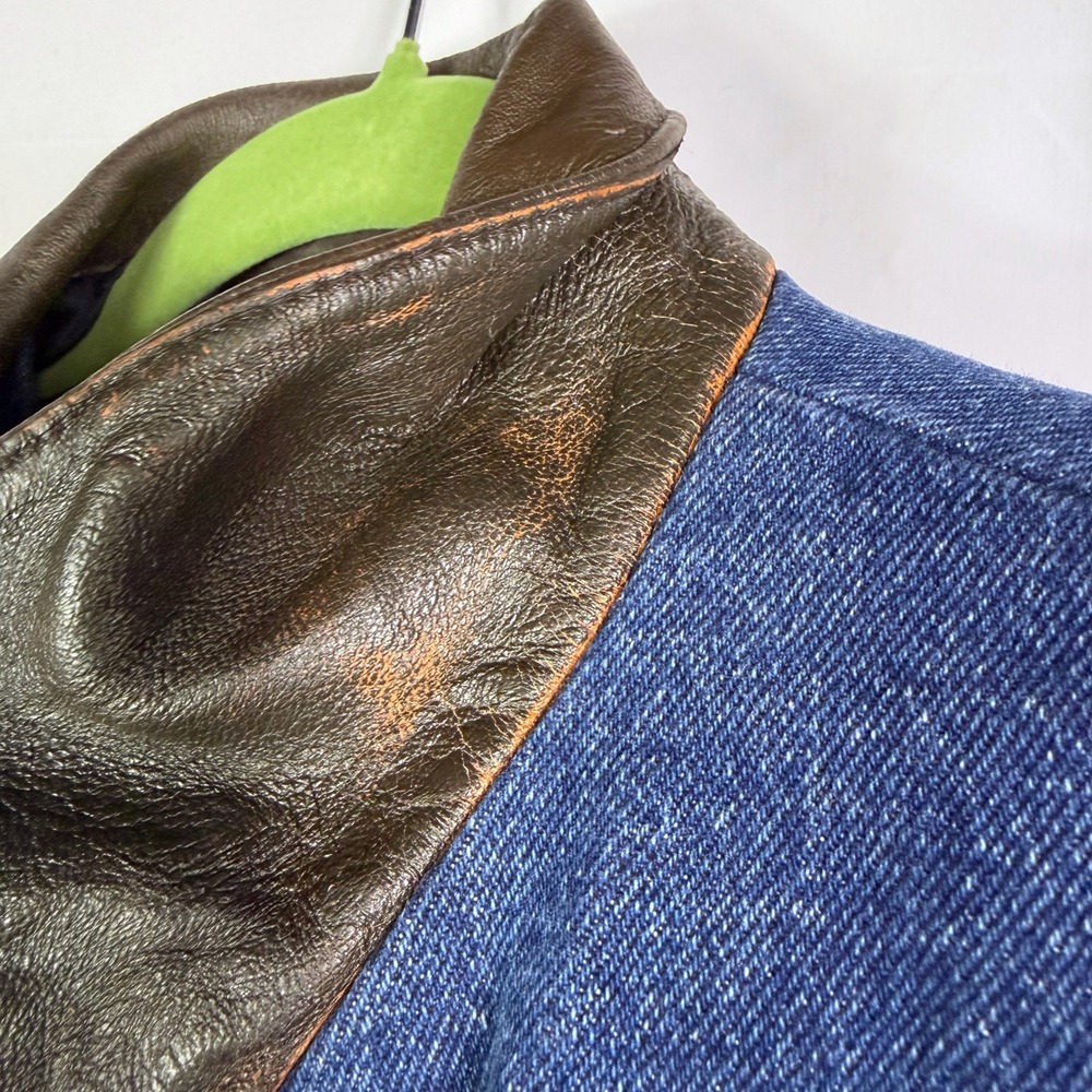 SANDRO Denim Jacket Leather Collar Cropped Button Front Blue Sz 40 FR / 8 US - Picture 14 of 16